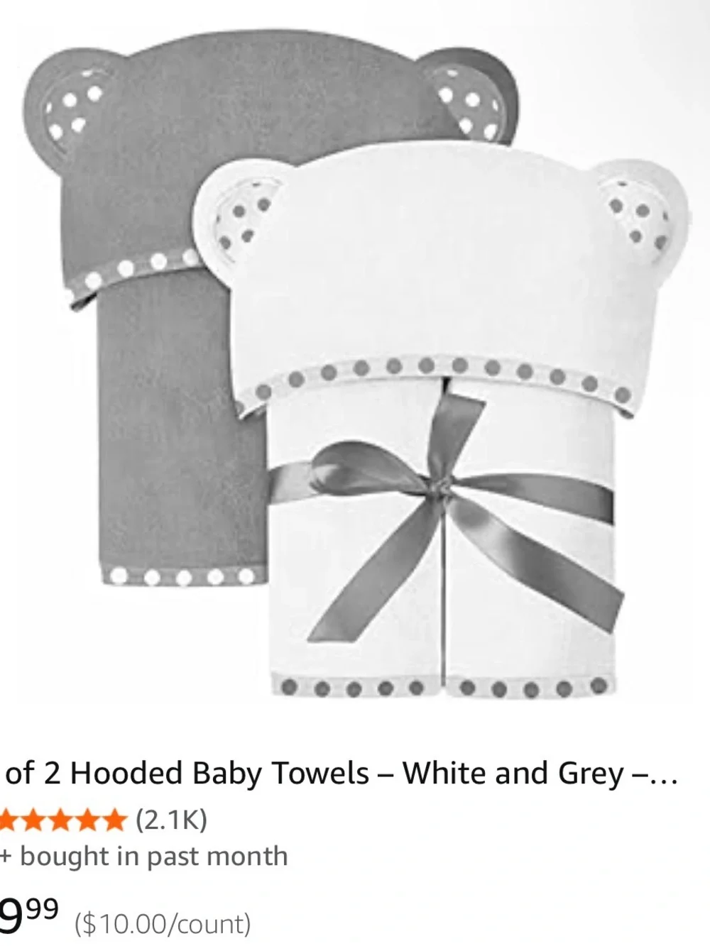 Set of 2 Baby Hooded Towels & Muslin Swaddle Set - White & Gray